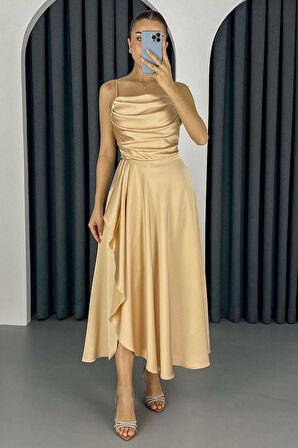 Kadın Gold Volanlı Yırtmaçlı Saten Midi Boy Abiye & Mezuniyet Elbisesi