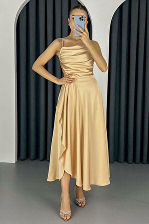 Kadın Gold Volanlı Yırtmaçlı Saten Midi Boy Abiye & Mezuniyet Elbisesi