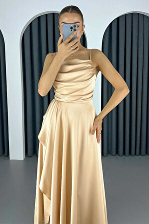 Kadın Gold Volanlı Yırtmaçlı Saten Midi Boy Abiye & Mezuniyet Elbisesi