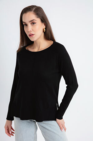 Kadın Siyah Kayık Yaka Yanları Yırtmaçlı Triko Kazak