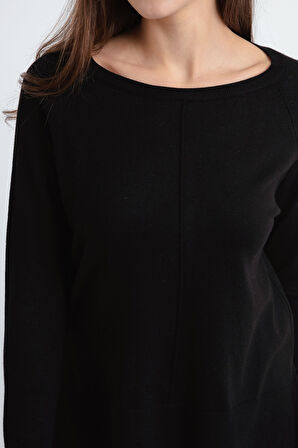 Kadın Siyah Kayık Yaka Yanları Yırtmaçlı Triko Kazak