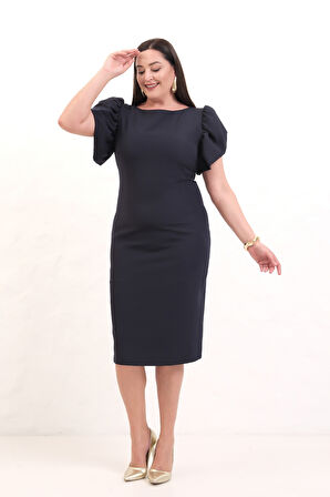 Kadın Lacivert Balon Kol Büyük Beden Midi Elbise