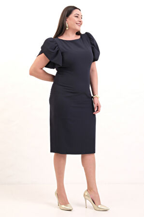 Kadın Lacivert Balon Kol Büyük Beden Midi Elbise