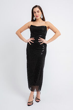 Kadın Siyah Straplez Boncuklu Midi Abiye Elibse
