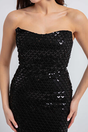 Kadın Siyah Straplez Boncuklu Midi Abiye Elibse