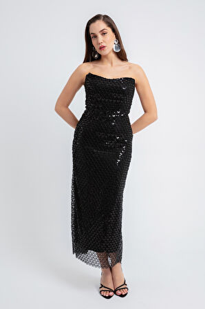Kadın Siyah Straplez Boncuklu Midi Abiye Elibse