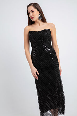 Kadın Siyah Straplez Boncuklu Midi Abiye Elibse