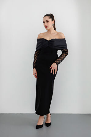 Kadın Siyah Kol Detaylı Fiyonklu Söz Nişan Nikah Abiye Elbise