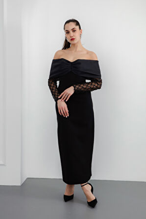 Kadın Siyah Kol Detaylı Fiyonklu Söz Nişan Nikah Abiye Elbise