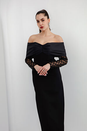 Kadın Siyah Kol Detaylı Fiyonklu Söz Nişan Nikah Abiye Elbise