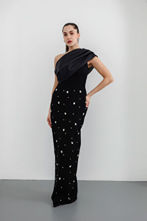 Kadın Siyah Tek Omuz Taşlı Söz Nişan Nikah Abiye Elbise