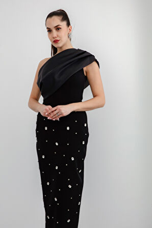 Kadın Siyah Tek Omuz Taşlı Söz Nişan Nikah Abiye Elbise