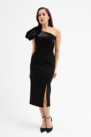 Kadın Siyah Organze Detay Midi Söz Nişan Nikah Abiye Elbise