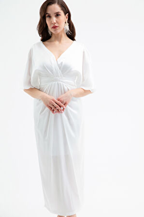 Kadın Beyaz V Yaka Kolları Volanlı Midi Elbise