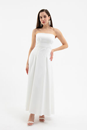 Kadın Beyaz Straplez Yaka Midi Elbise