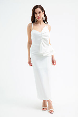 Kadın Beyaz Askılı Yaka Detaylı Midi Elbise