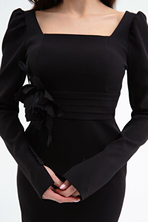 Kadın Siyah Gül Detaylı Uzun Kol Söz Nişan Nikah Abiye Elbise