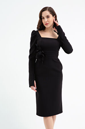 Kadın Siyah Gül Detaylı Uzun Kol Söz Nişan Nikah Abiye Elbise