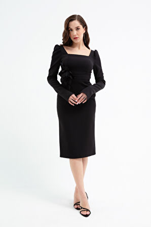 Kadın Siyah Gül Detaylı Uzun Kol Söz Nişan Nikah Abiye Elbise