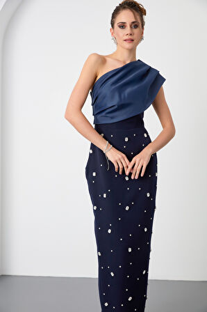 Kadın Lacivert Tek Omuz Taşlı Söz Nişan Nikah Abiye Elbise