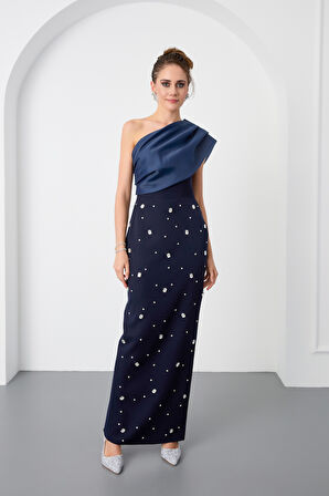 Kadın Lacivert Tek Omuz Taşlı Söz Nişan Nikah Abiye Elbise