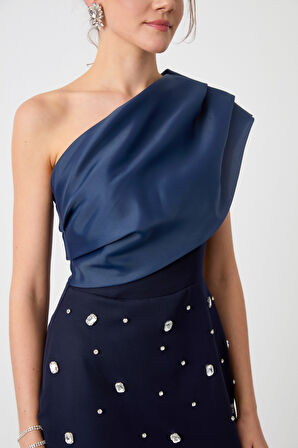 Kadın Lacivert Tek Omuz Taşlı Söz Nişan Nikah Abiye Elbise