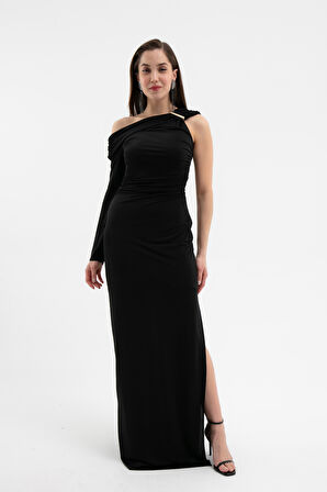 Kadın Siyah Aksesuar Detay Uzun Elbise