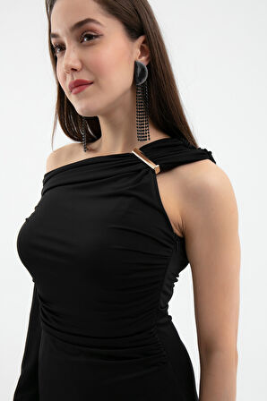 Kadın Siyah Aksesuar Detay Uzun Elbise