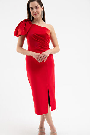 Kadın Kırmızı Organze Detay Midi Söz Nişan Nikah Abiye Elbise