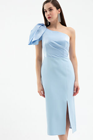 Kadın Bebe Mavi Organze Detay Midi Söz Nişan Nikah Abiye Elbise