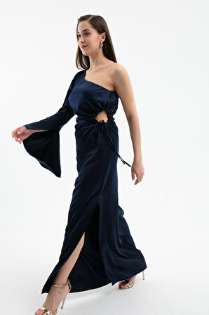 Kadın Lacivert Tek Kol Büzgü Detay Uzun Saten Elbise