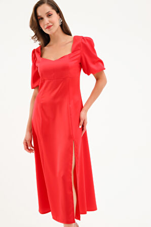 Kadın Kırmızı Balon Kol Yırtmaçlı Saten Midi Elbise