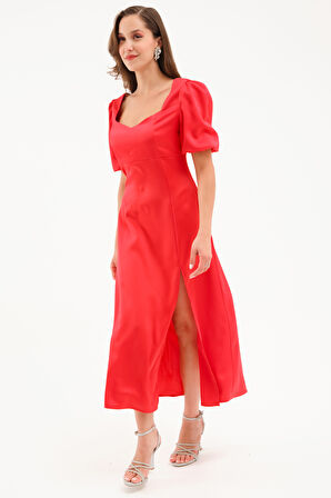 Kadın Kırmızı Balon Kol Yırtmaçlı Saten Midi Elbise