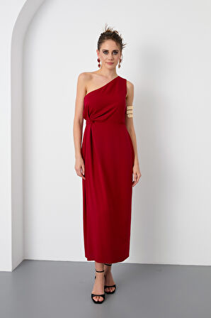 Kadın Bordo Tek Omuz Midi Elbise
