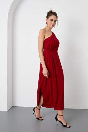 Kadın Bordo Tek Omuz Midi Elbise