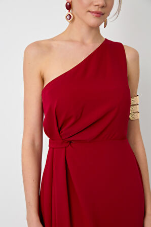 Kadın Bordo Tek Omuz Midi Elbise