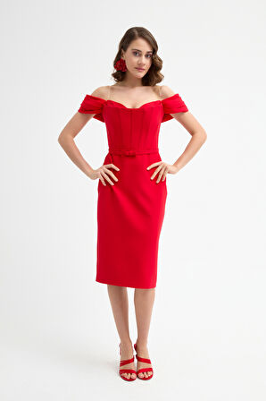 Kadın Kırmızı Korse Detaylı Midi Kalem Abiye Elbise
