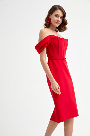 Kadın Kırmızı Korse Detaylı Midi Kalem Abiye Elbise