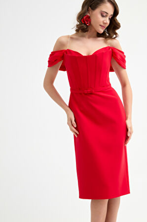 Kadın Kırmızı Korse Detaylı Midi Kalem Abiye Elbise