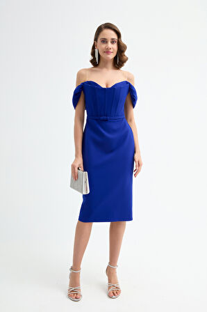 Kadın Saks Korse Detaylı Midi Kalem Abiye Elbise