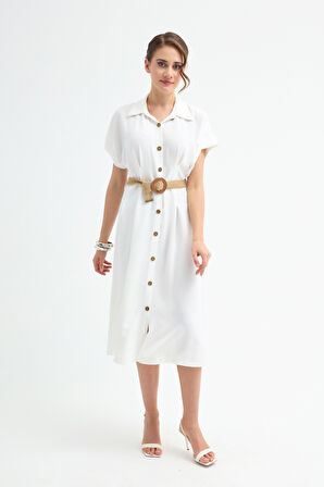 Kadın Beyaz Hasır Kemerli Midi Gömlek Elbise