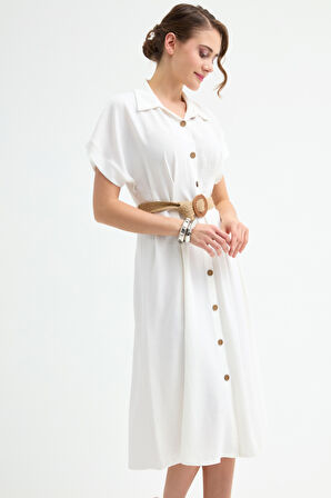 Kadın Beyaz Hasır Kemerli Midi Gömlek Elbise