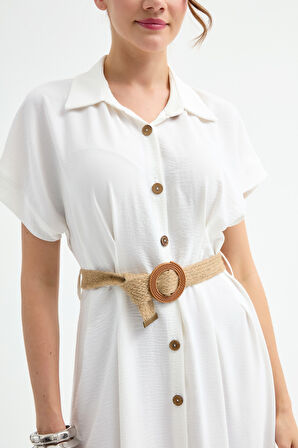Kadın Beyaz Hasır Kemerli Midi Gömlek Elbise