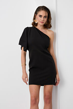 Kadın Siyah Tek Kol Sırt Dekolteli Mini Elbise