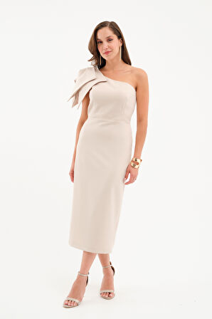 Kadın Bej Tek Omuz Midi Elbise