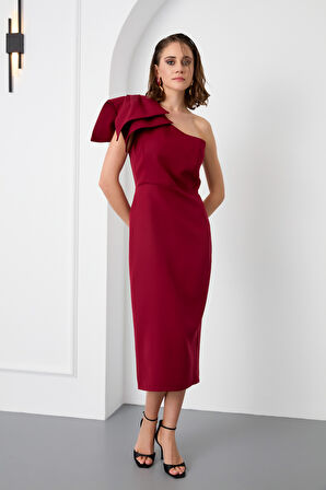 Kadın Bordo Tek Omuz Midi Elbise