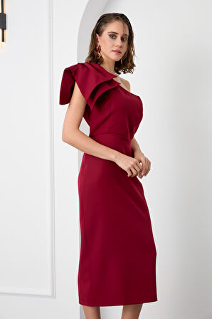 Kadın Bordo Tek Omuz Midi Elbise