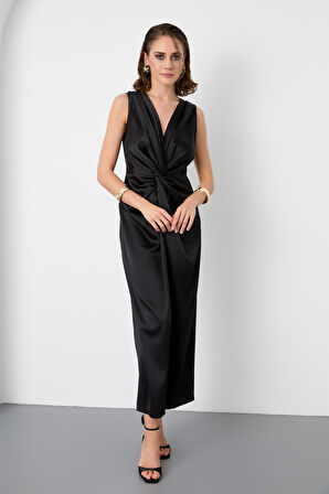 Kadın Siyah Düğüm Detaylı Midi Saten Elbise