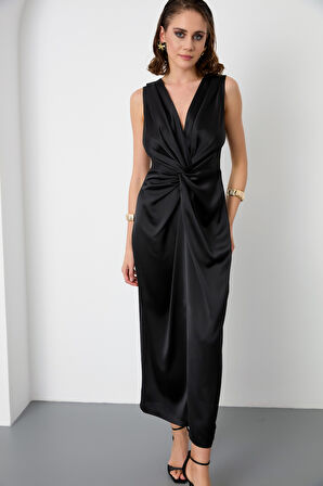 Kadın Siyah Düğüm Detaylı Midi Saten Elbise