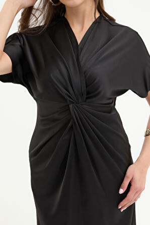 Kadın Siyah Düğüm Detaylı Midi Saten Elbise